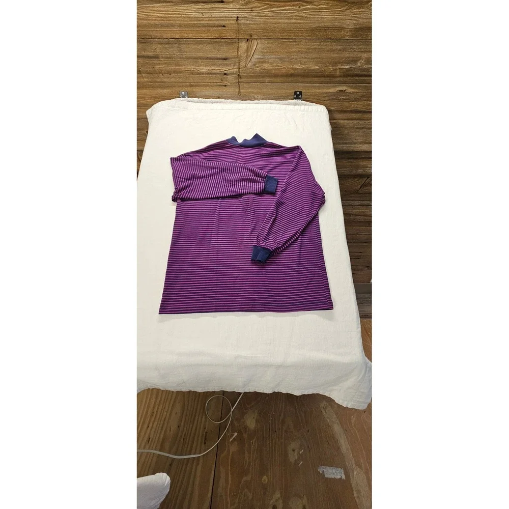 Vtg. Carriage Court Mens L Striped Henley Shirt Purple Navy Long Sleeve USA Made